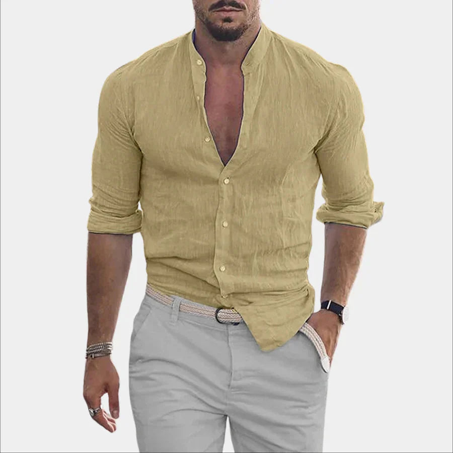 Hemd mit Knopfleiste – langärmlig – aus Baumwolle – Leinenhemd – Herrenhemden-Khaki-M-Chaps Herrenmode