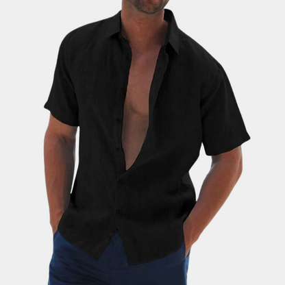 Hemd mit kurzen Ärmeln - Leinenhemd mit Kragen und Knopfleiste für Männer-Schwarz-S-Chaps Herrenmode