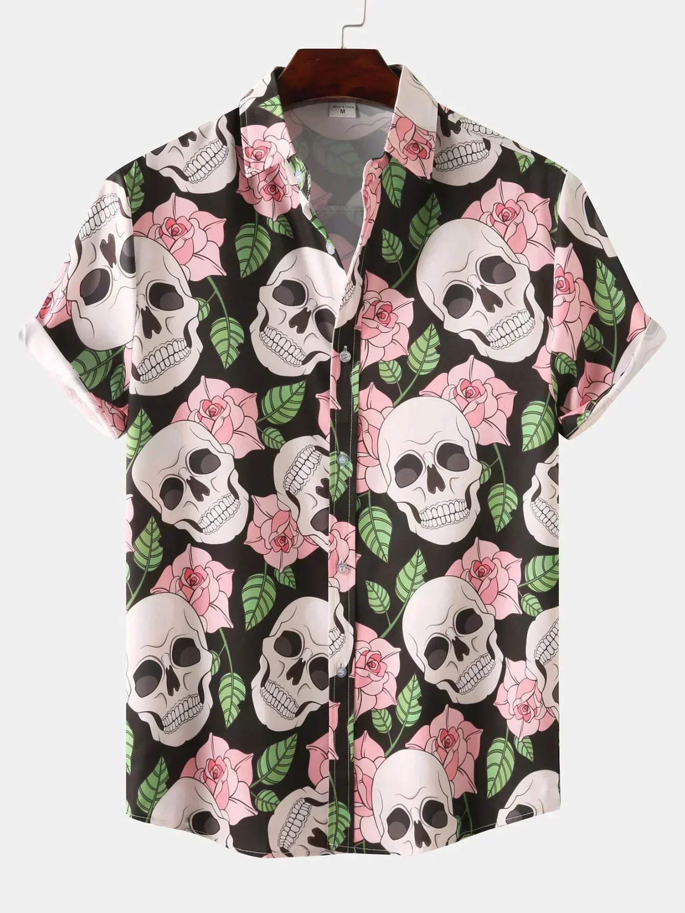 Hemd mit kurzen Ärmeln - Totenkopfdruck - mit Kragen - Hemd mit Knopfleiste - Herrenbekleidung-Rosa-M-Chaps Herrenmode