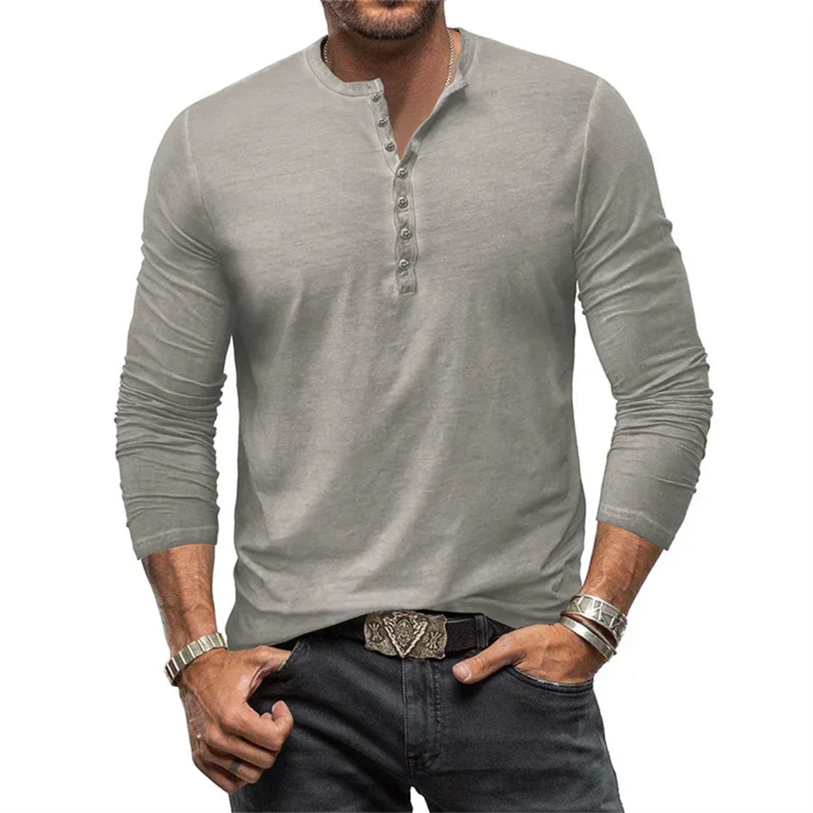 Herren Langärmliges Henley-Shirt Einfarbig mit Knopfleiste - Eveloria
