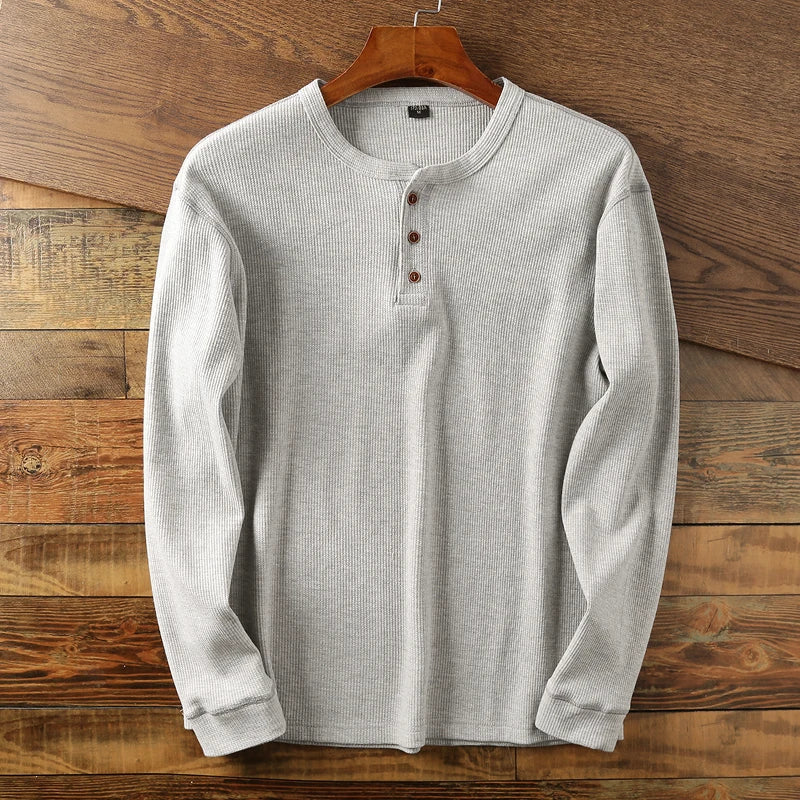 Männer Langarm-Shirt Henley mit Knöpfen Bequem - Eveloria