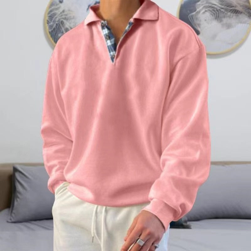 Herren-Pullover | Knopfleiste am Halsausschnitt | Lockere Passform | Sweatshirt mit Kragen | Polo-Pullover-Rosa-M-Chaps Herrenmode