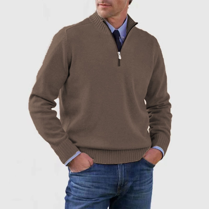 Herren-Pullover mit halbem Reißverschluss | Gestrickt | Langarm | Pullover mit Viertelreißverschluss | Herren-Pullover mit Viertelreißverschluss-Braun-M-Chaps Herrenmode