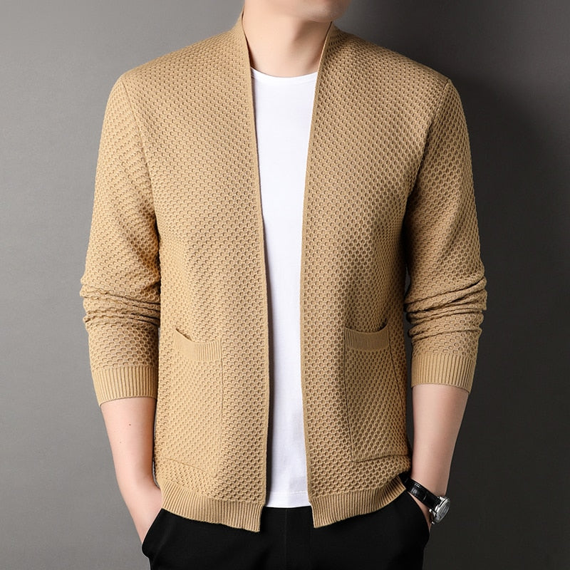 Herren Strickjacke Offen Vorne Taschen Beige - Eveloria