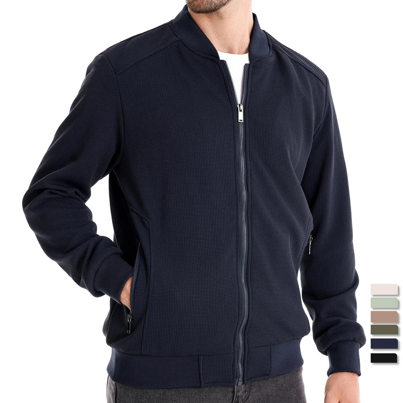 Herren Sweatshirt mit Reißverschluss - Lässige Bomber-Sweatshirt-Jacke mit Reißverschluss und Taschen-Marineblau-S-Chaps Herrenmode