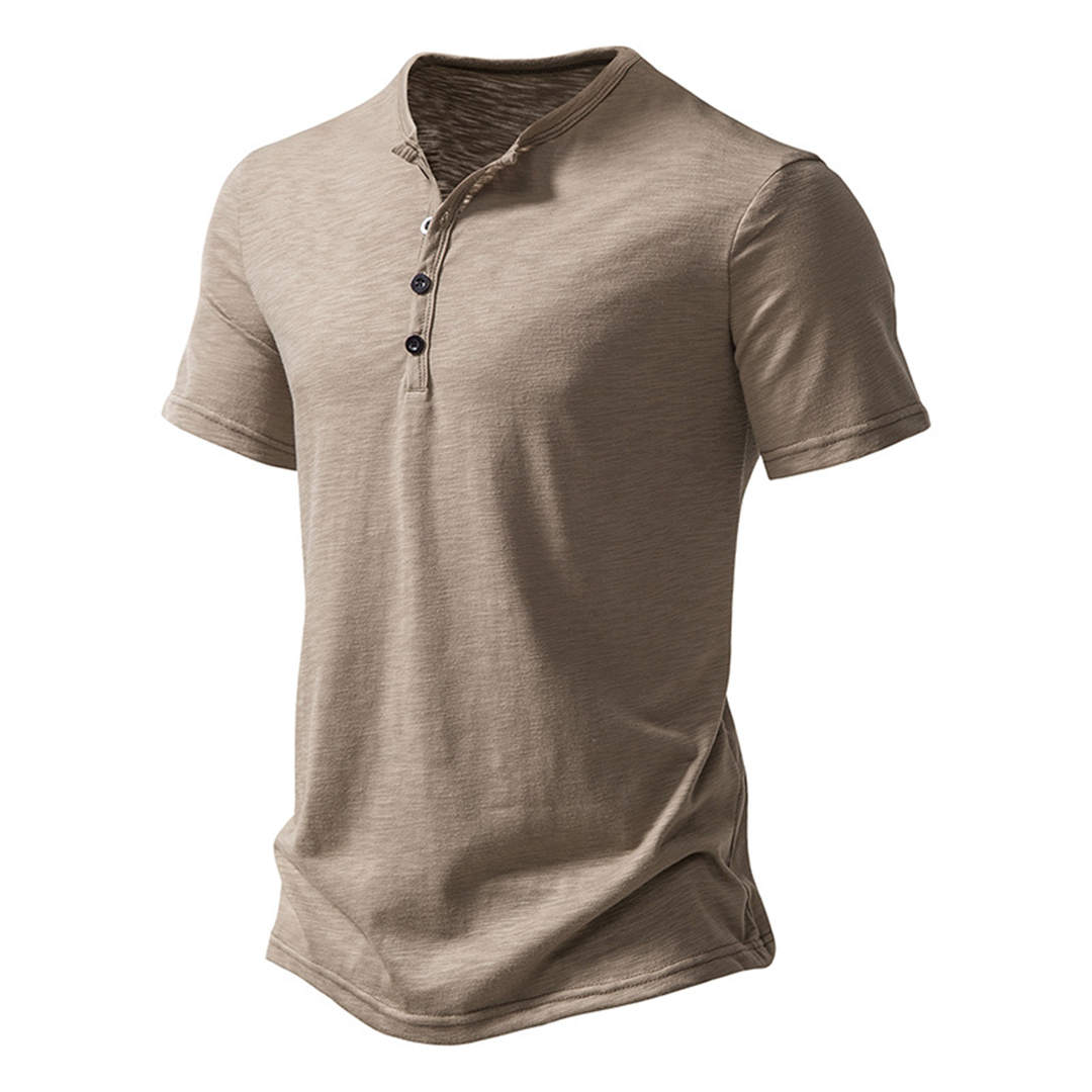 Herren T-Shirt - Quarter Button - Leichtgewicht - Schlichtes T-Shirt - Sommerhemd-Khaki-S-Chaps Herrenmode