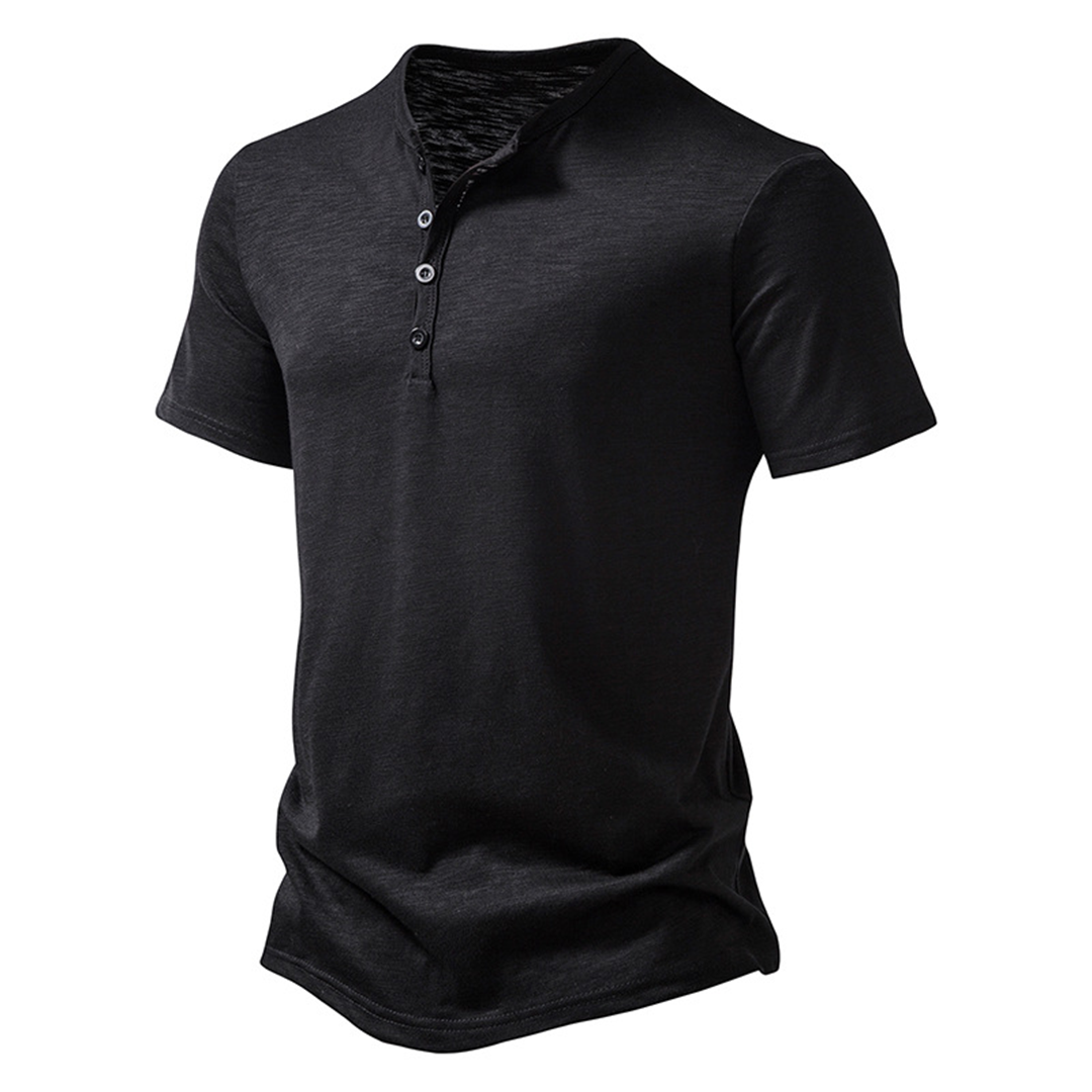Herren T-Shirt - Quarter Button - Leichtgewicht - Schlichtes T-Shirt - Sommerhemd-Schwarz-S-Chaps Herrenmode