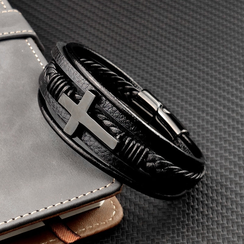 Herren Lederarmband Schwarz Geflochten Magnetverschluss - Eveloria
