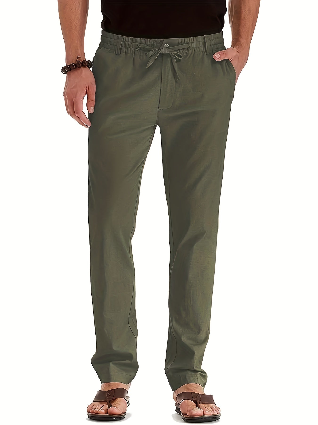 Herren Slim Fit Chinos Elastische Taille Baumwolle Leinen Beige - Eveloria