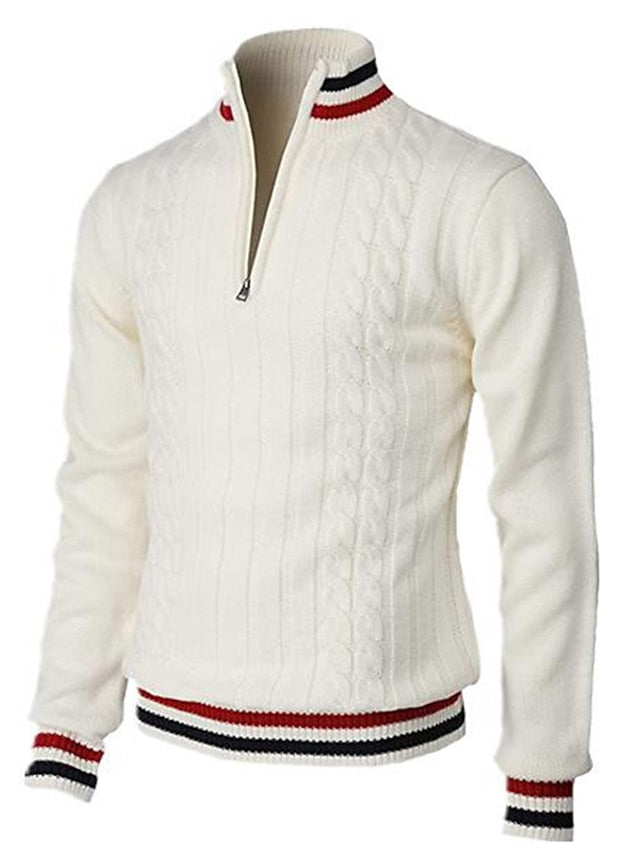 Herren Pullover Viertelreißverschluss Zopfmuster Gestrickt Beige - Eveloria