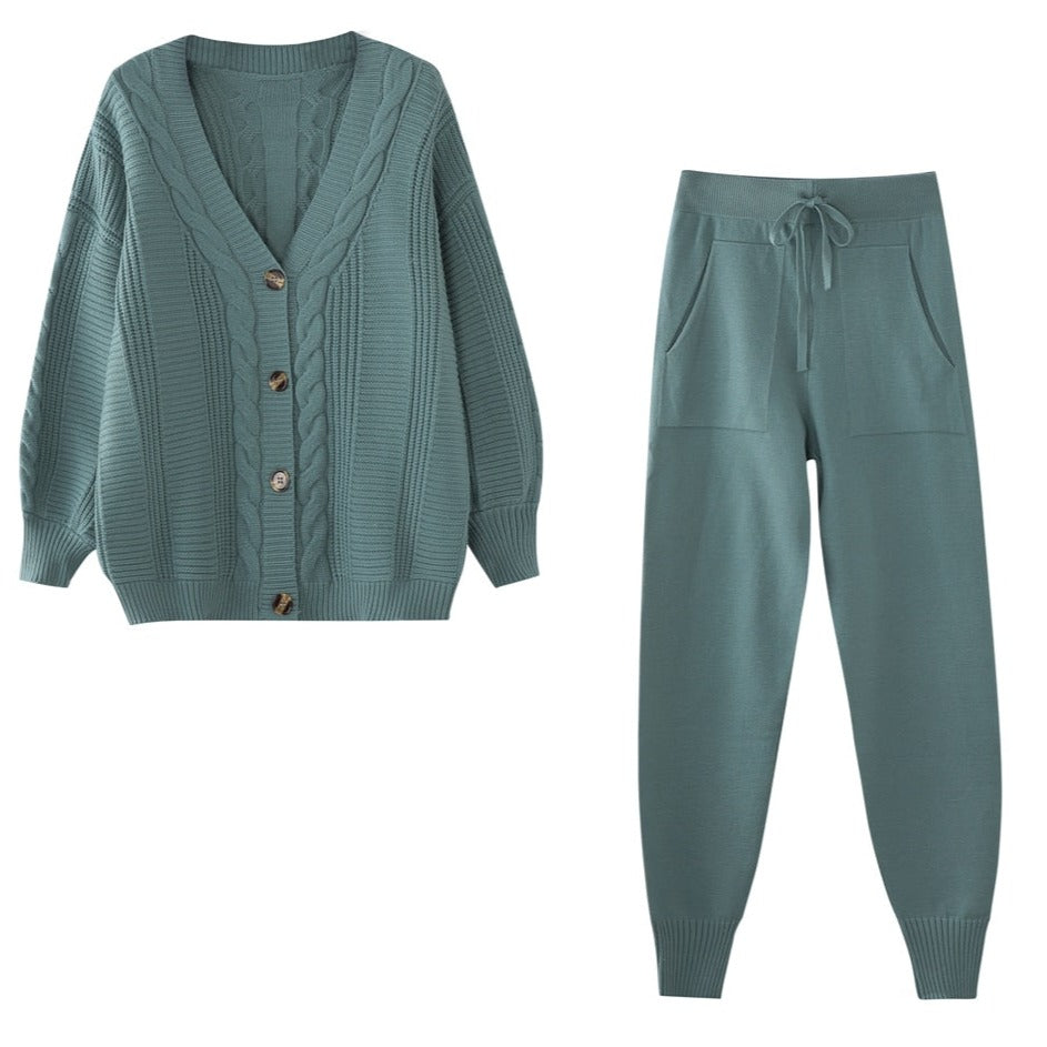 Eveloria Damen Cardigan Set aus Kaschmir mit Hose Beige