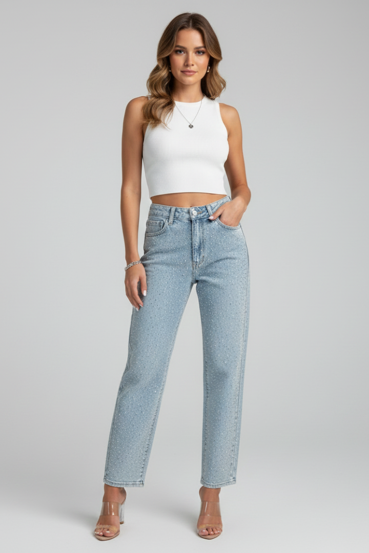 Damen High-Waist Glanz-Straight-Leg Jeans