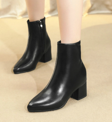 Damen Ankle Boots Blockabsatz Spitz Toe Leder