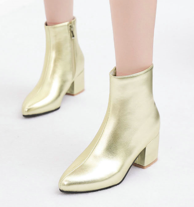 Damen Ankle Boots Blockabsatz Spitz Toe Leder