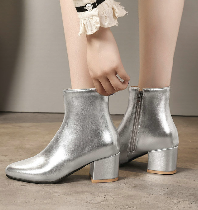 Damen Ankle Boots Blockabsatz Spitz Toe Leder