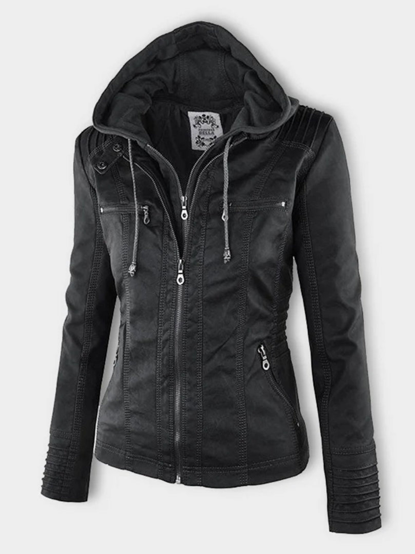Eveloria Damen Lederjacke Kapuze Rippendetails