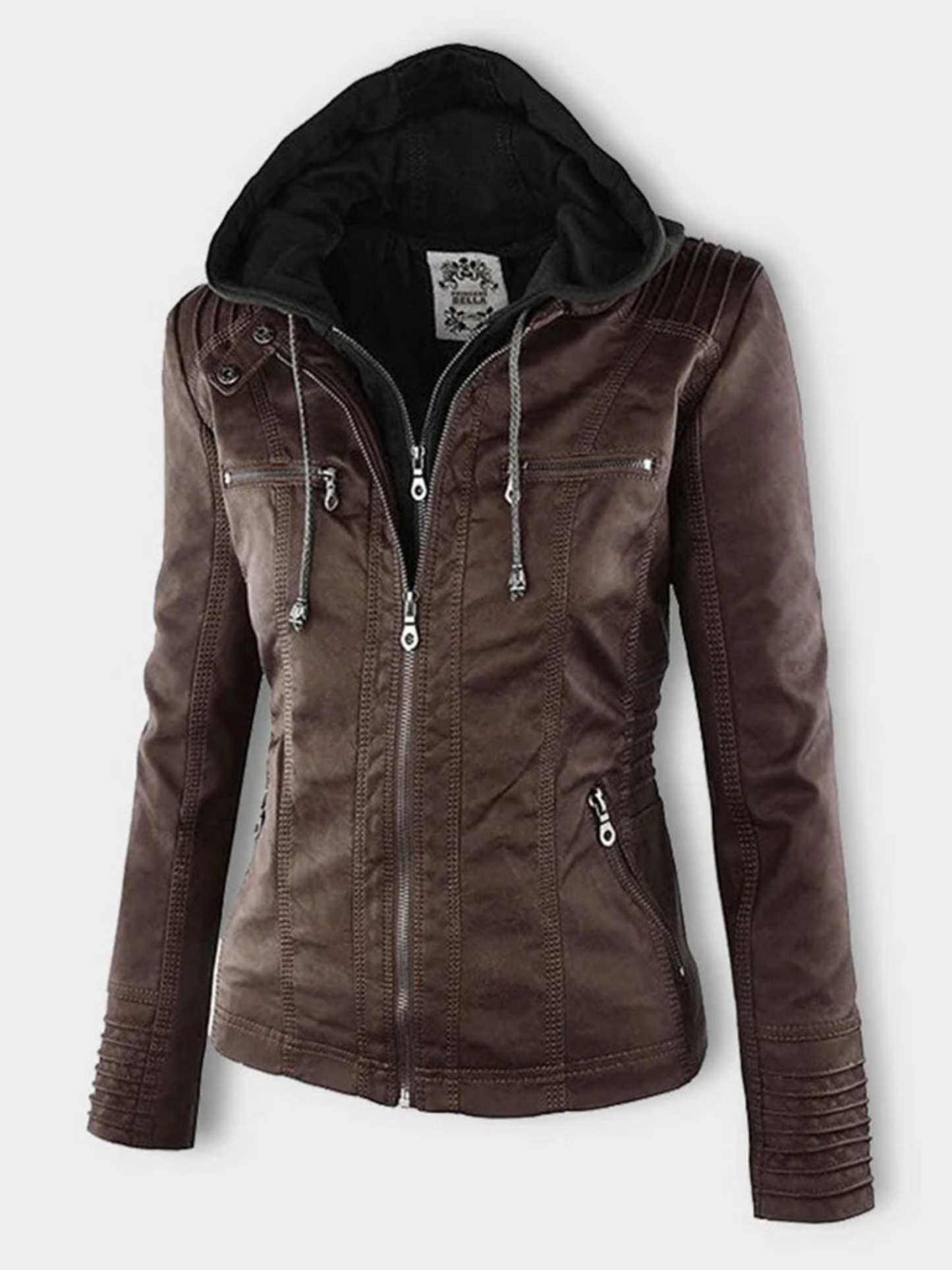 Eveloria Damen Lederjacke Kapuze Rippendetails