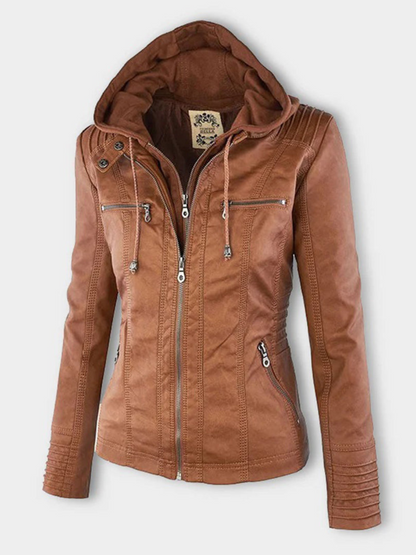 Eveloria Damen Lederjacke Kapuze Rippendetails