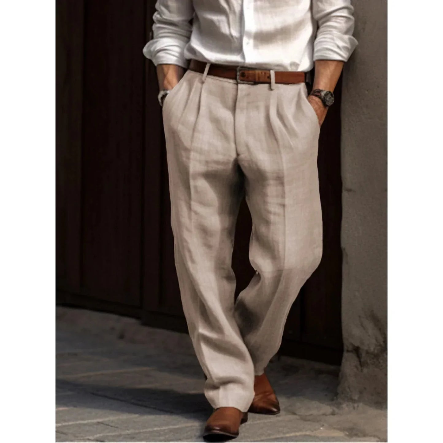 Herren Leinenhosen Leicht Lockere Passform Beige - Eveloria