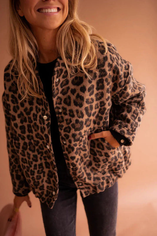 Damen Winterjacke Leopard-Print Bomberjacke Schwarz - Eveloria