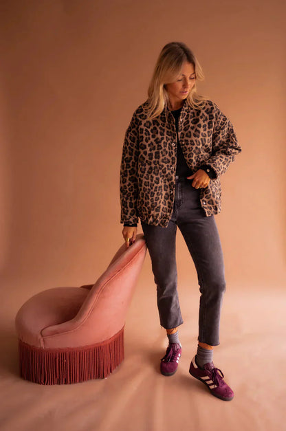 Damen Winterjacke Leopard-Print Bomberjacke