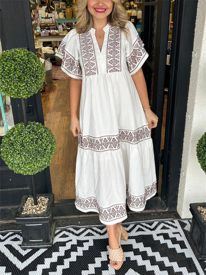 Ibiza Style Damen Midi Kleid V-Ausschnitt Weite Ärmel Lockere Passform