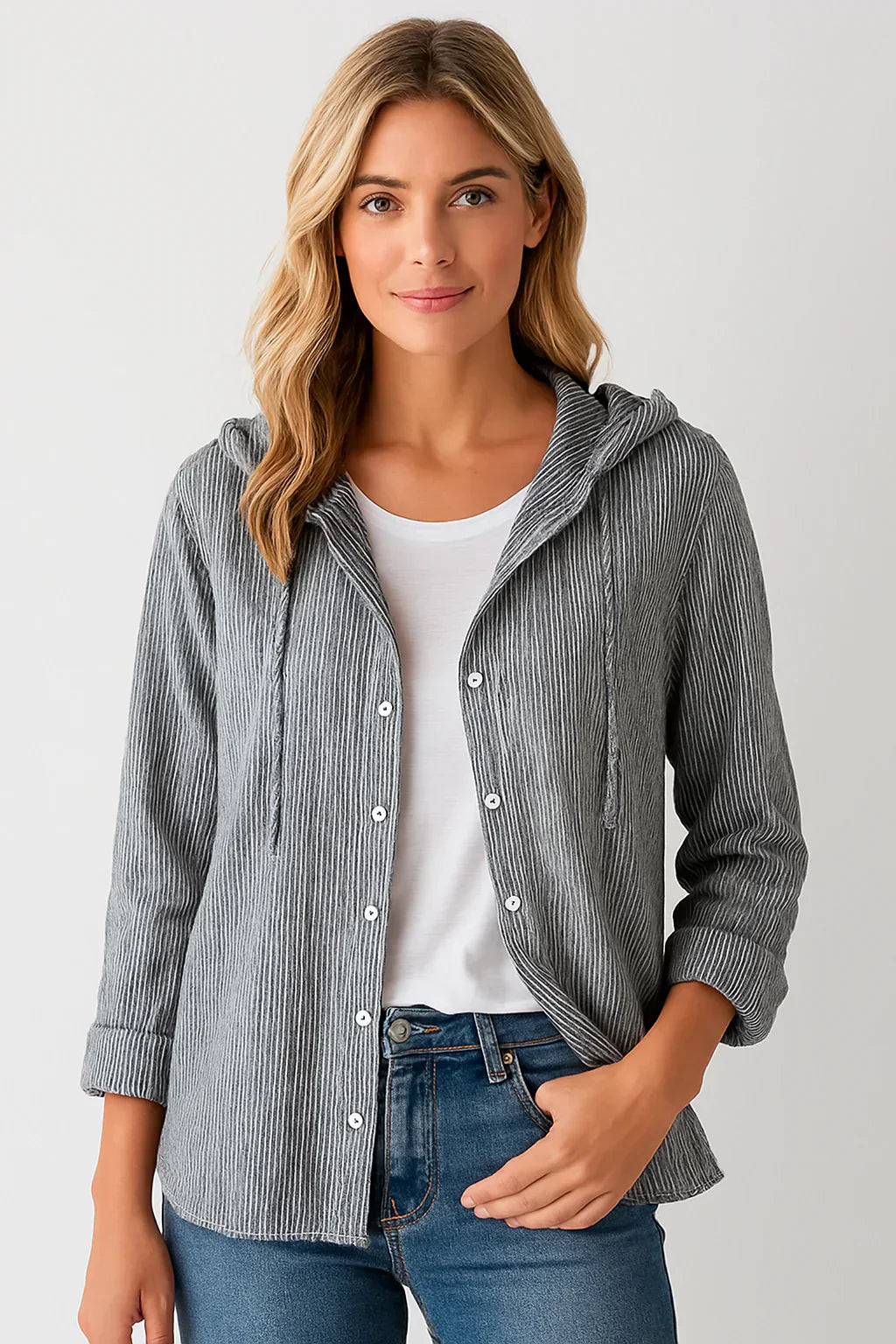 Damen Leinenbluse Gestreift Atmungsaktiv Kapuze Blau