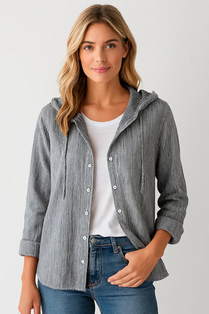 Damen Leinenbluse Gestreift Atmungsaktiv Kapuze Blau