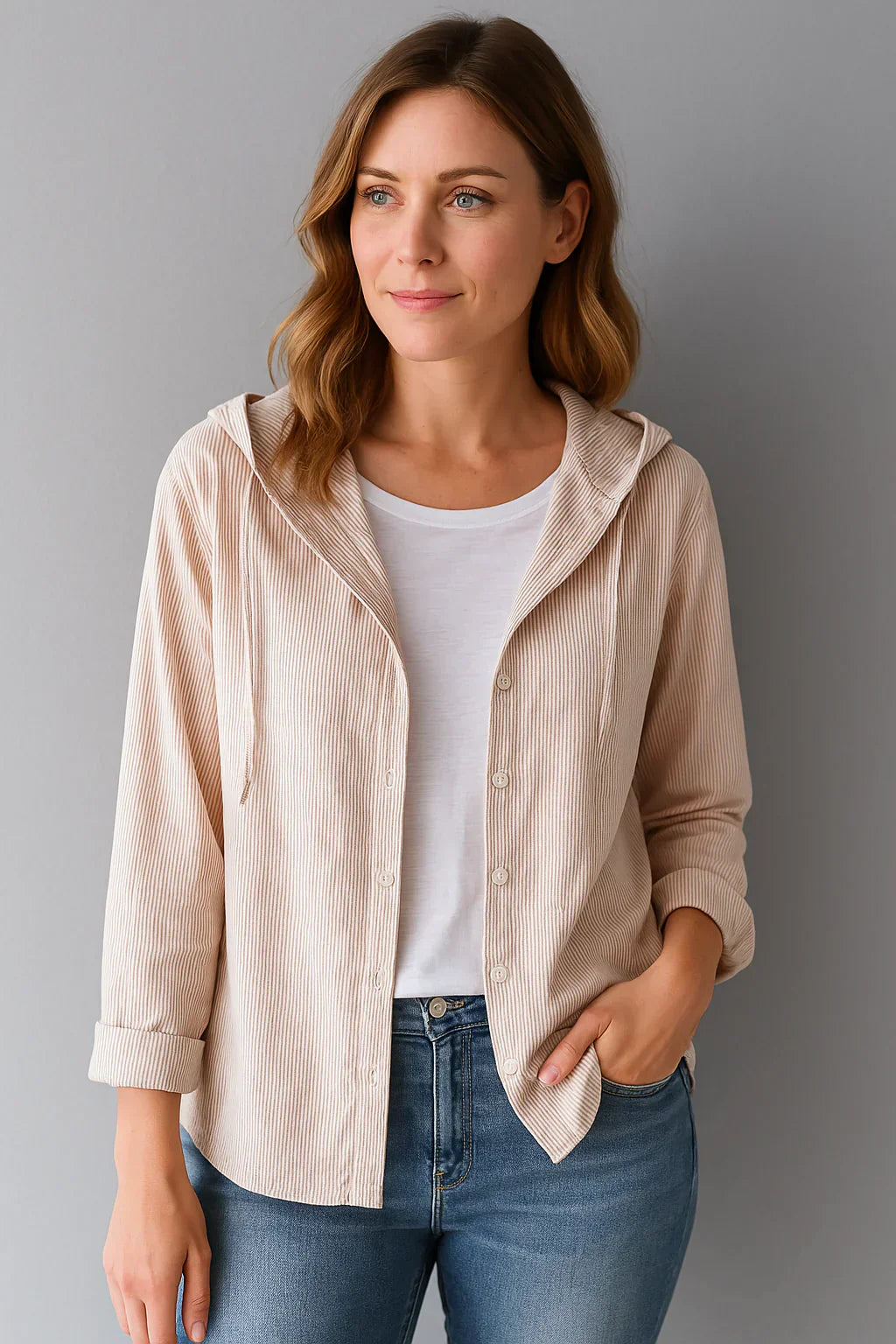 Damen Leinenbluse Gestreift Atmungsaktiv Kapuze Blau