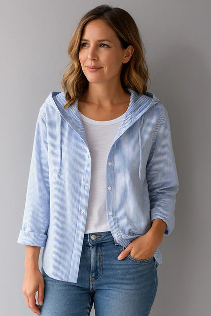 Damen Leinenbluse Gestreift Atmungsaktiv Kapuze Blau