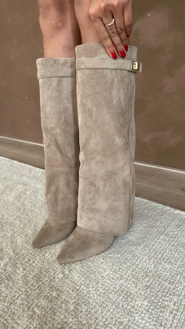 Eveloria Damen Stiefel Wildleder Knielang Spitze Blockabsatz