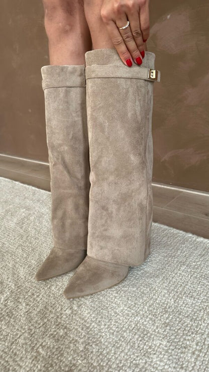 Eveloria Damen Stiefel Wildleder Knielang Spitze Blockabsatz