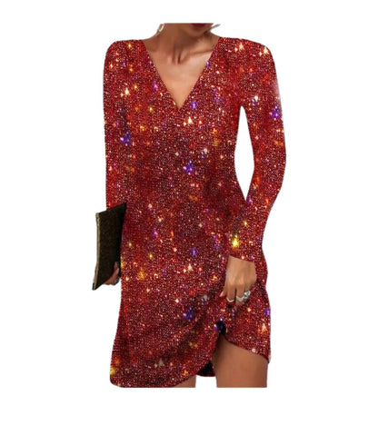 Damen Paillettenkleid Langärmlig Glitzernd
