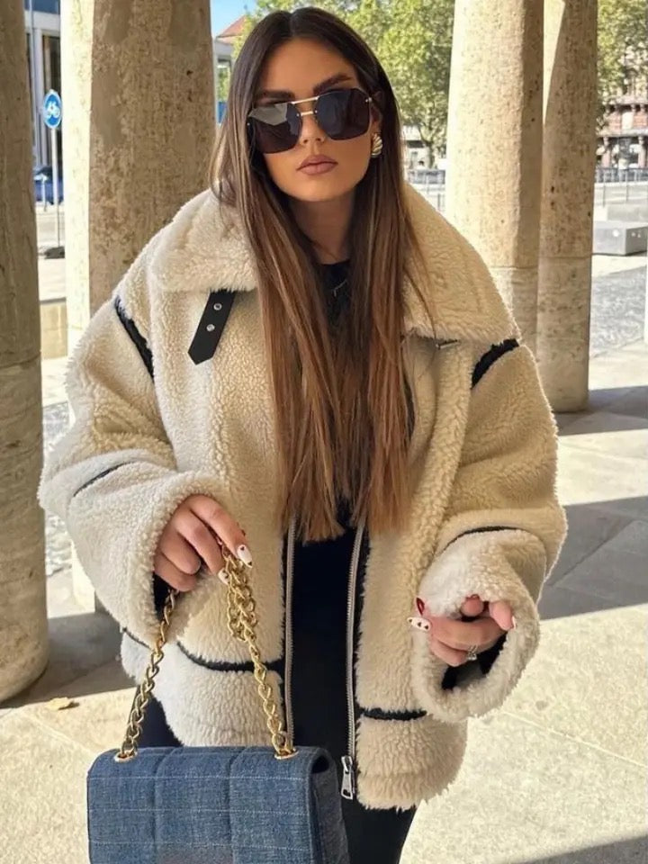 Damen Teddyjacke Oversized Reißverschluss Kuschelig Weich Rosa - Eveloria