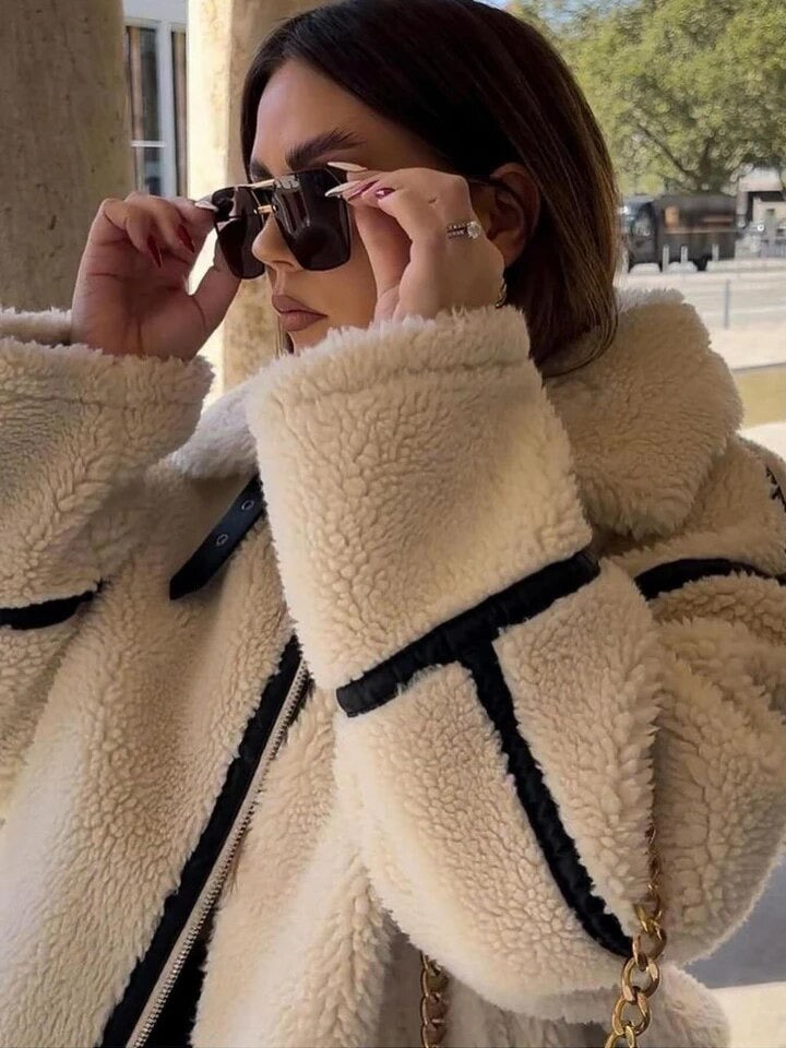 Damen Teddyjacke Oversized Reißverschluss Kuschelig Weich