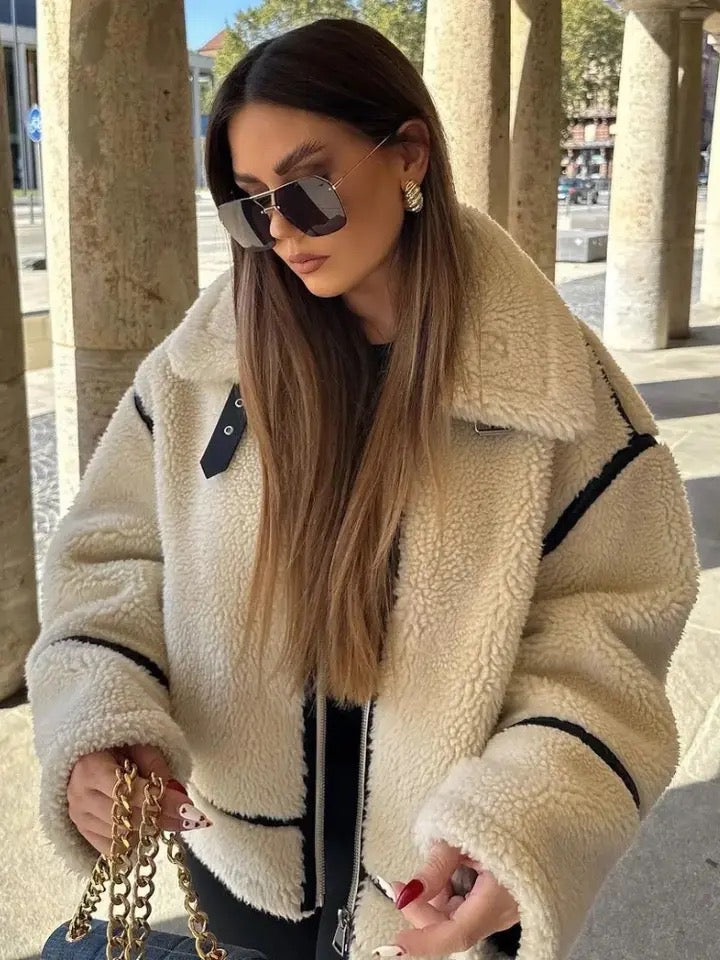 Damen Teddyjacke Oversized Reißverschluss Kuschelig Weich