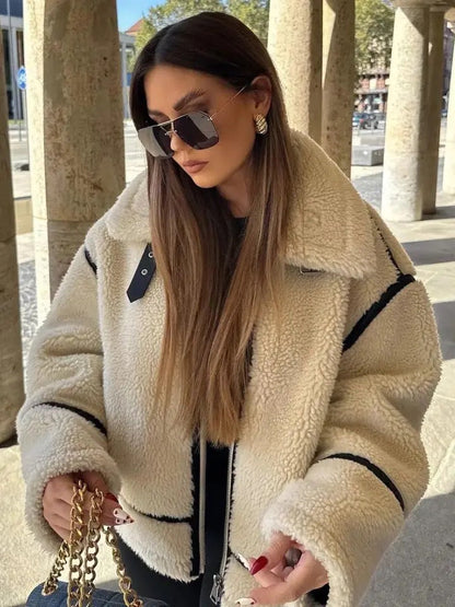 Damen Teddyjacke Oversized Reißverschluss Kuschelig Weich
