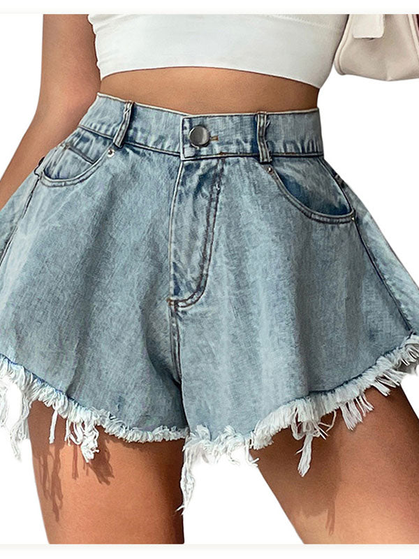 Damen Jeans-Shorts Hohe Taille Denim Cowboy Ausgestellt mit Fransen