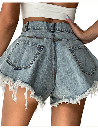 Damen Jeans-Shorts Hohe Taille Denim Cowboy Ausgestellt mit Fransen