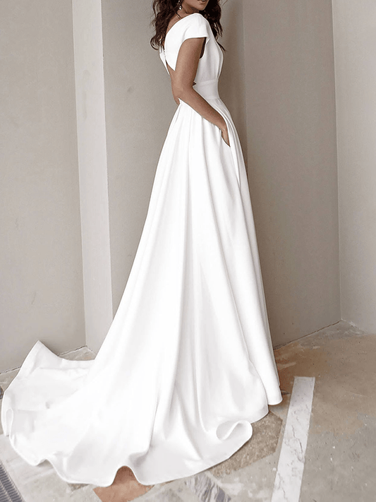 Damen Abendkleid V-Ausschnitt Rückenfrei Kurze Ärmel Schwarz - Eveloria