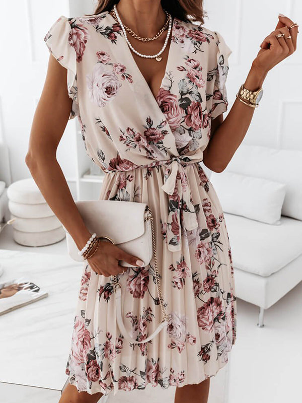 Damen Blumenkleid Mittellang Faltengürtel V-Ausschnitt Boho-Stil - Eveloria