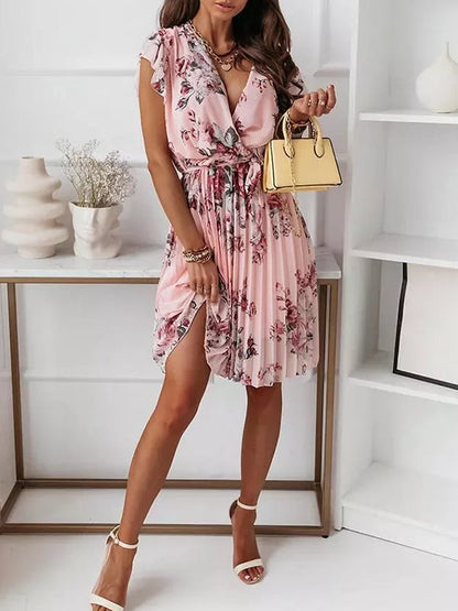 Damen Blumenkleid Mittellang Faltengürtel V-Ausschnitt Boho-Stil