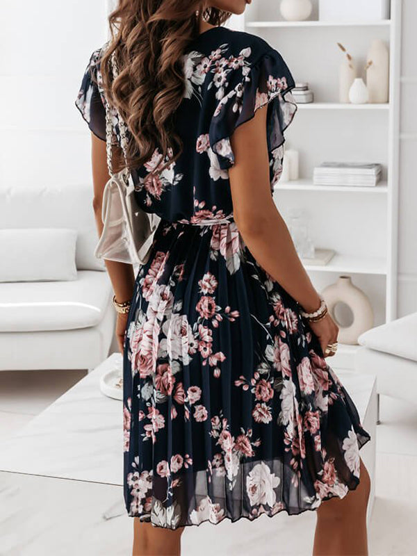 Damen Blumenkleid Mittellang Faltengürtel V-Ausschnitt Boho-Stil
