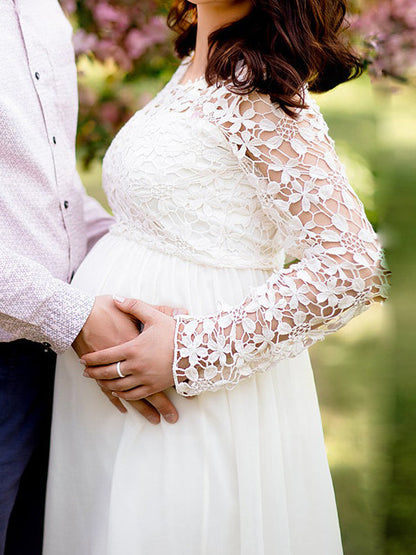 Eveloria Damen Abendkleid Spitze Chiffon Rundhals Lange Ärmel