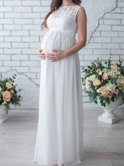 Damen Umstandskleid Spitze Ärmellos Rundhalsausschnitt Boho-Stil