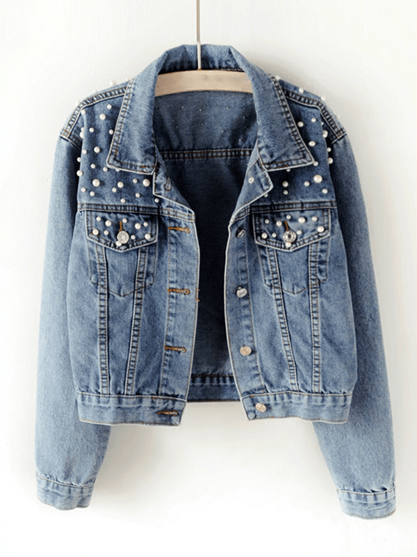 Damen Jeansjacke Übergroß mit Strass-Perlenbesatz und Reverskragen
