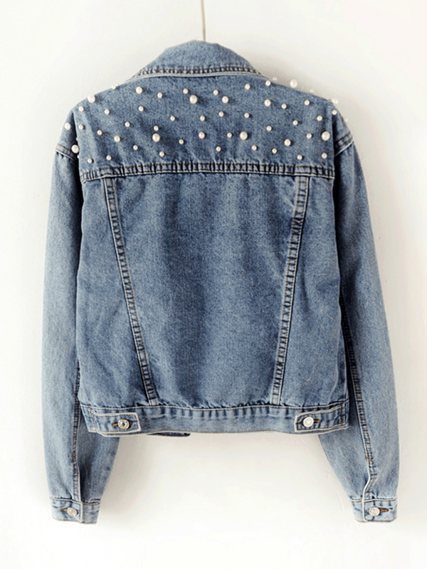 Damen Jeansjacke Übergroß mit Strass-Perlenbesatz und Reverskragen - Eveloria