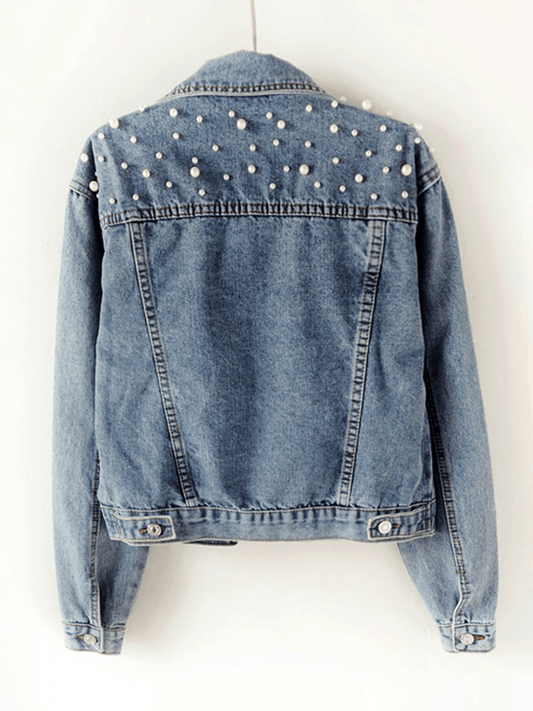 Damen Jeansjacke Übergroß mit Strass-Perlenbesatz und Reverskragen - Eveloria