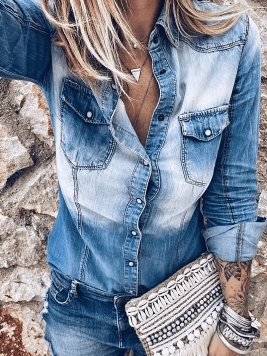 Damen Jeansbluse mit Knöpfen und Kragen Langarm