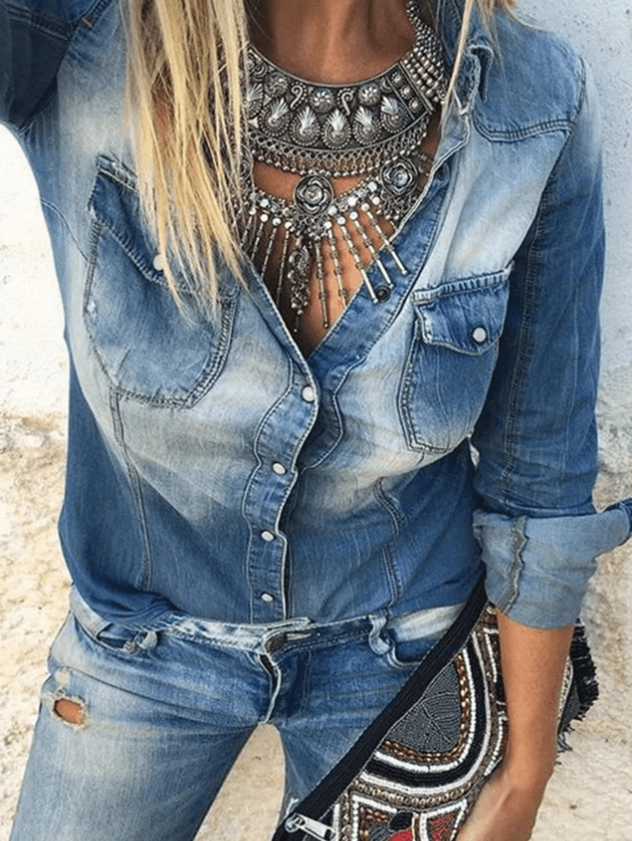 Damen Jeansbluse mit Knöpfen und Kragen Langarm Schwarz - Eveloria